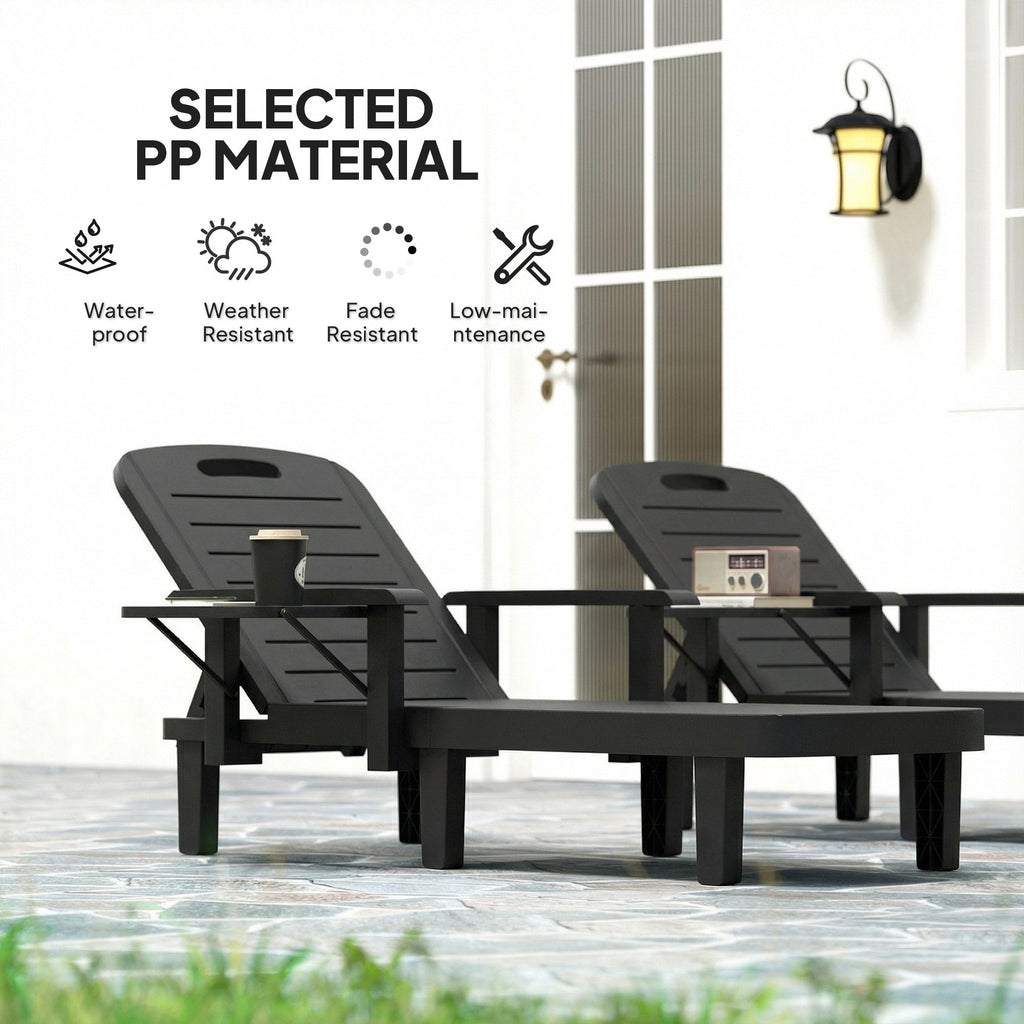 Set of 2 Resin Sun Loungers with Foldable Side Table, Black