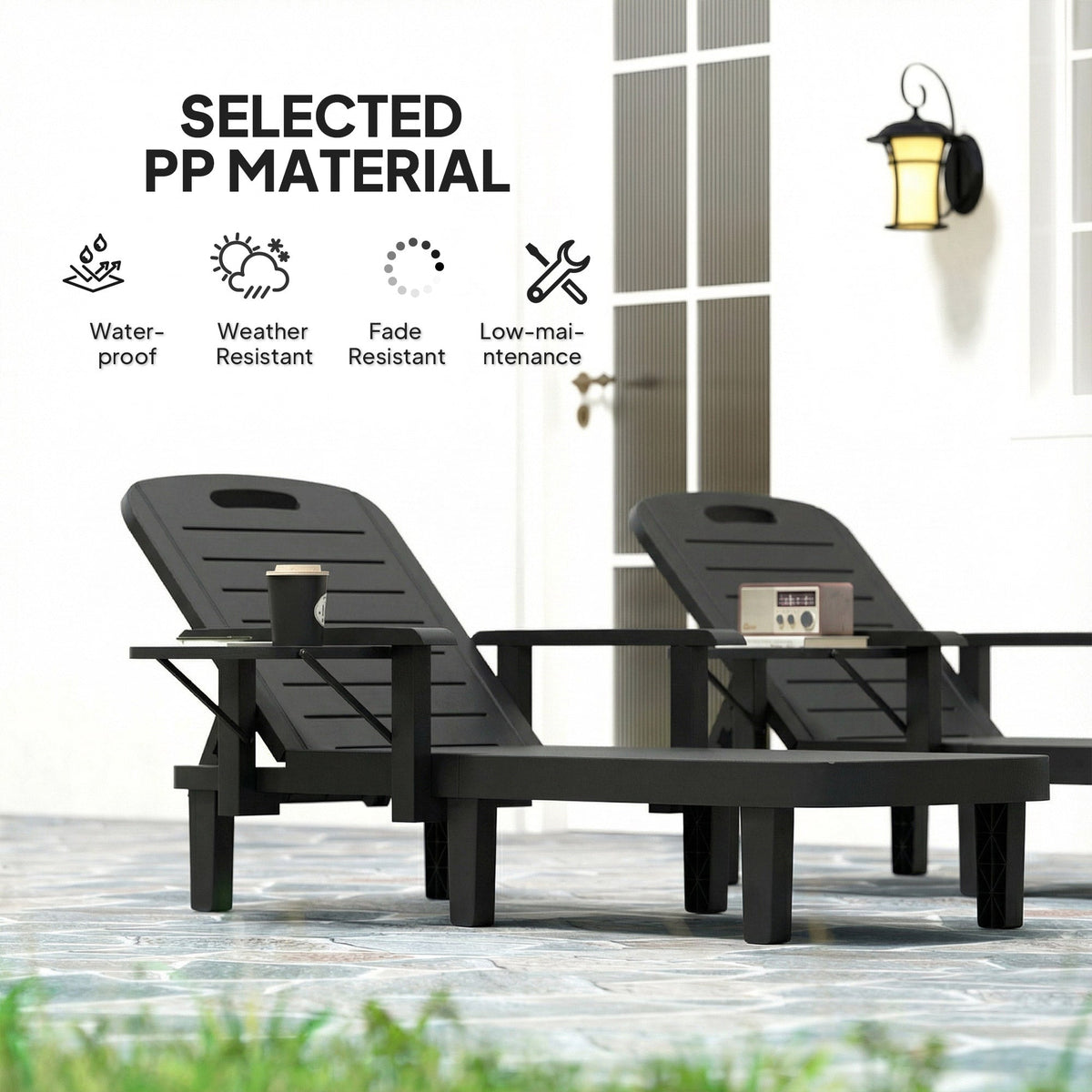 Set of 2 Resin Sun Loungers with Foldable Side Table, Black
