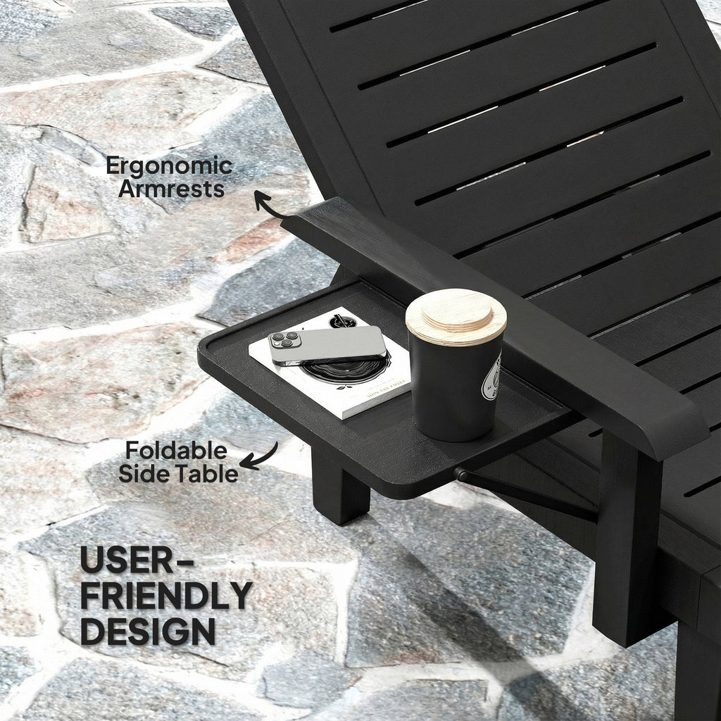 Set of 2 Resin Sun Loungers with Foldable Side Table, Black