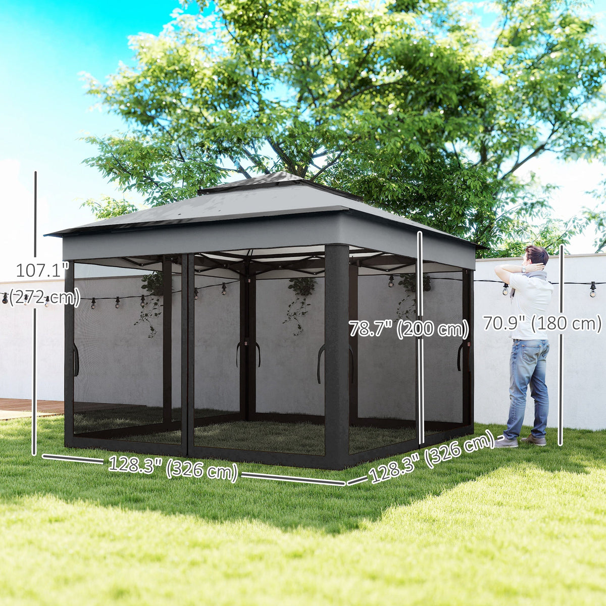 10.7 x 10.7ft Pop-Up Gazebo with Mesh Curtains & UV30 Roof, Dark Grey