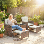5-Piece Wicker Patio Set with Ottomans & 2-Tier Glass Coffee Table, Brown/Cream