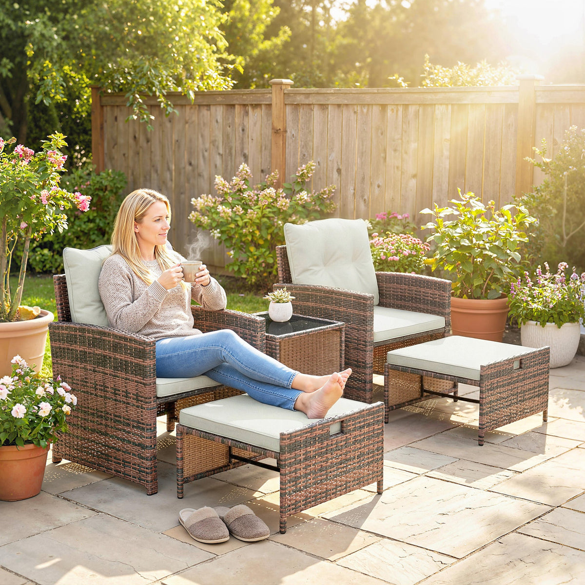 5-Piece Wicker Patio Set with Ottomans & 2-Tier Glass Coffee Table, Brown/Cream