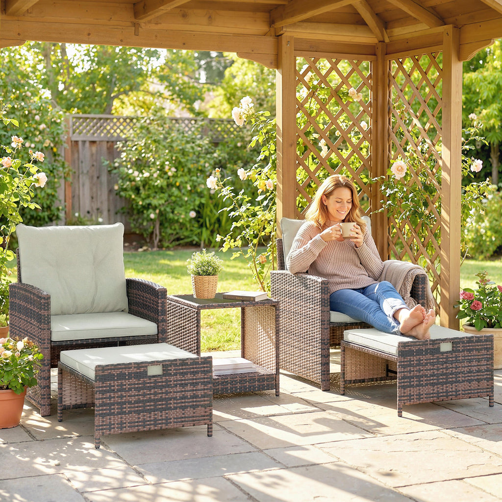 5-Piece Wicker Patio Set with Ottomans & 2-Tier Glass Coffee Table, Brown/Cream