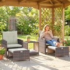 5-Piece Wicker Patio Set with Ottomans & 2-Tier Glass Coffee Table, Brown/Cream