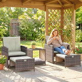 5-Piece Wicker Patio Set with Ottomans & 2-Tier Glass Coffee Table, Brown/Cream