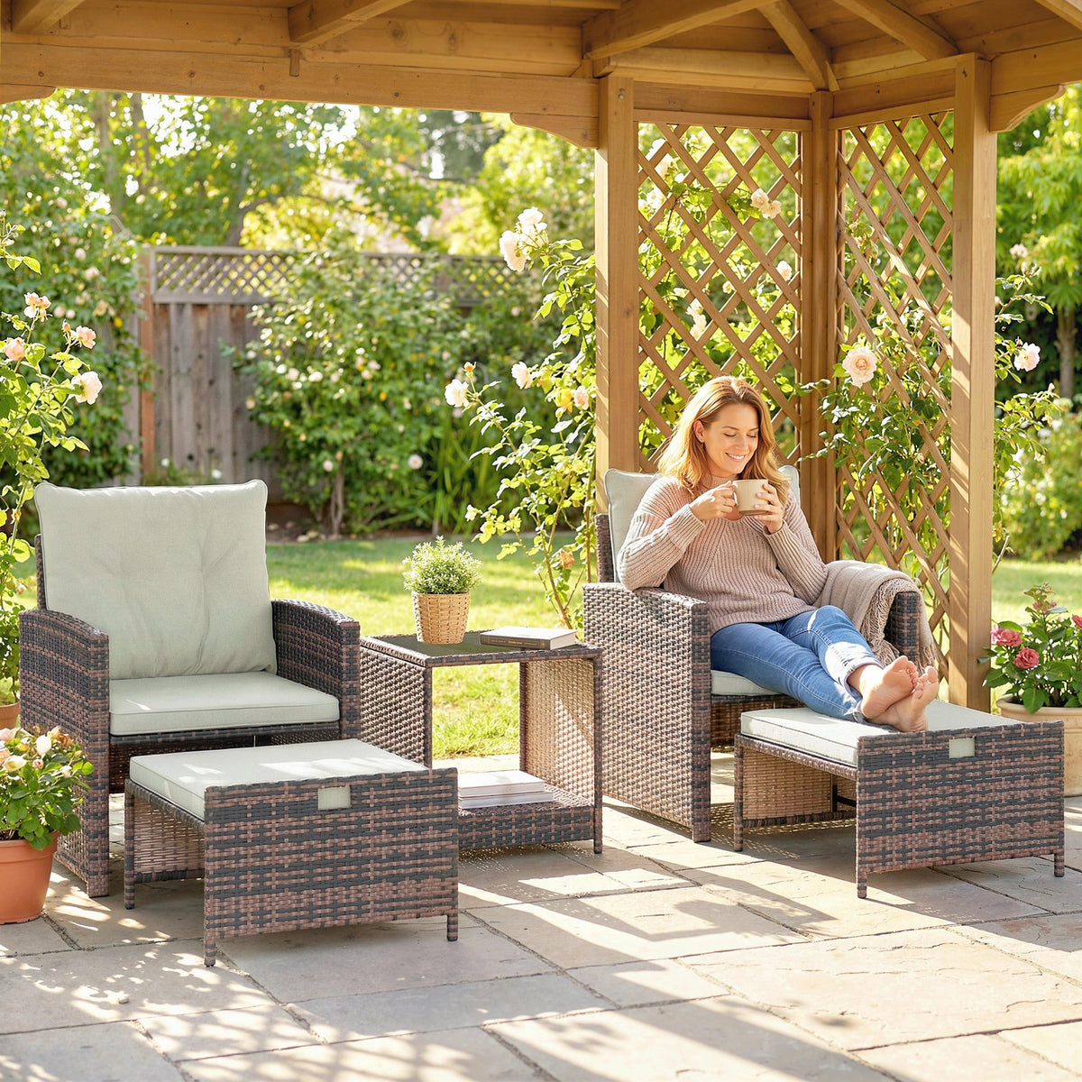 5-Piece Wicker Patio Set with Ottomans & 2-Tier Glass Coffee Table, Brown/Cream