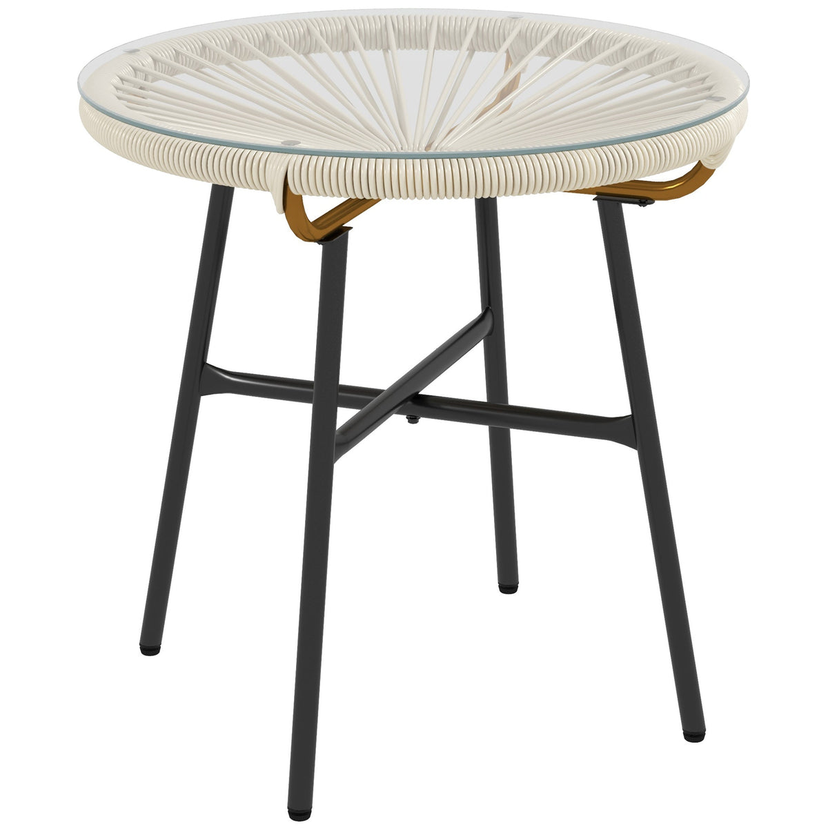 Round Rattan Side Table with Tempered Glass Top, Cream White