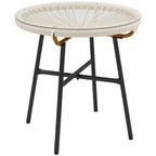 Round Rattan Side Table with Tempered Glass Top, Cream White