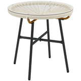 Round Rattan Side Table with Tempered Glass Top, Cream White