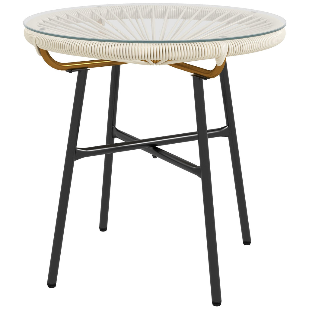 Round Rattan Side Table with Tempered Glass Top, Cream White