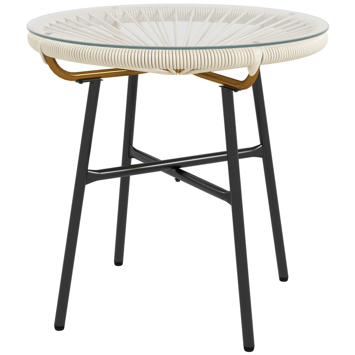 Round Rattan Side Table with Tempered Glass Top, Cream White