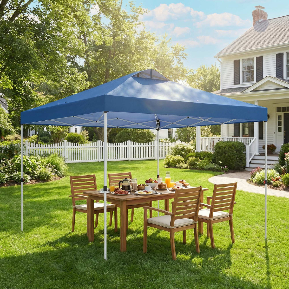 9.8' x 9.8' Pop-Up Canopy with Carrying Bag, Stakes and Ropes, Blue