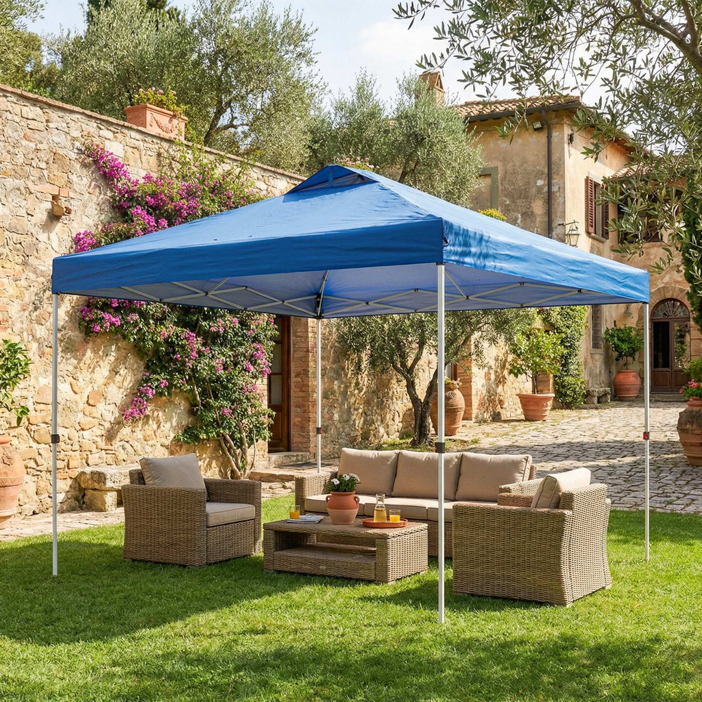 9.8' x 9.8' Pop-Up Canopy with Carrying Bag, Stakes and Ropes, Blue