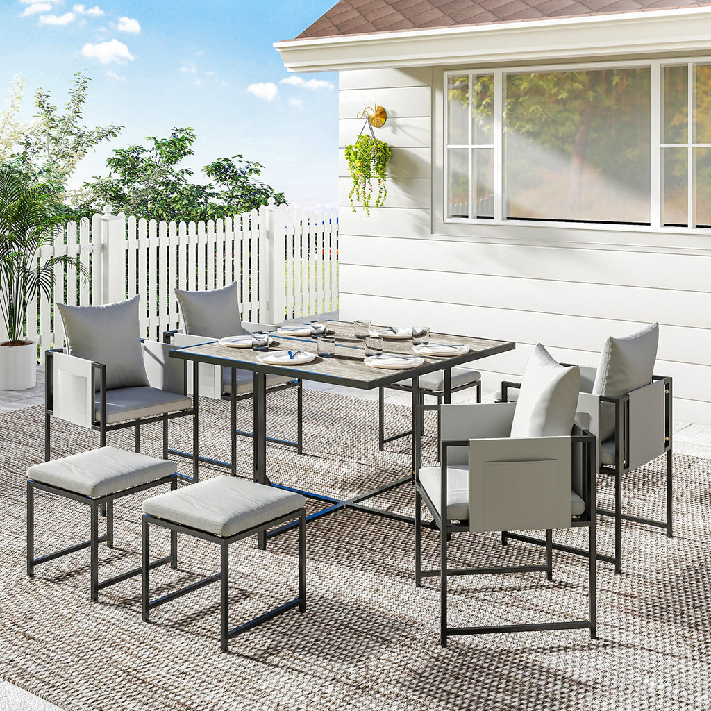 9 Piece Cube Garden Dining Set with 8 Seats, 4 Stools & Cushions, Dark Grey
