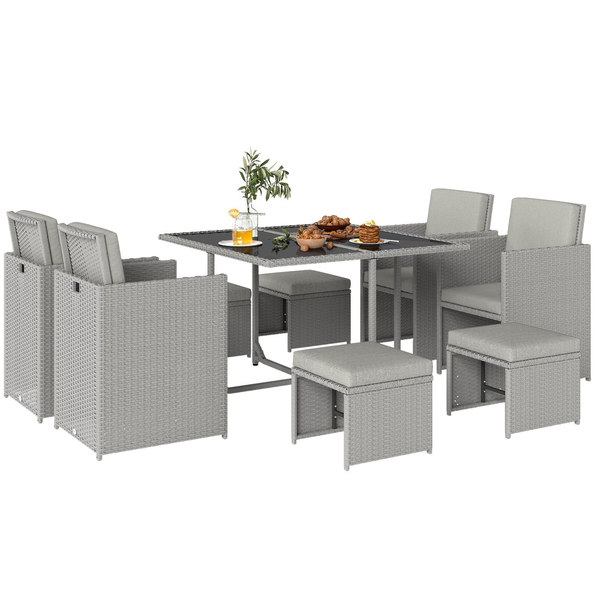 8 Seater Rattan Cube Garden Dining Set with Cushions, Light Grey