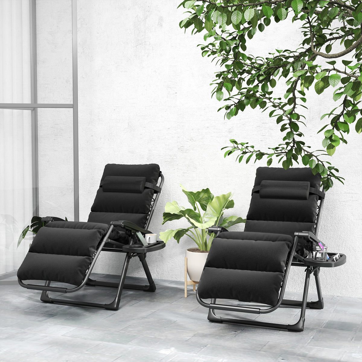 Set of 2 Zero Gravity Chairs with Cup and Phone Holder Tray, Black