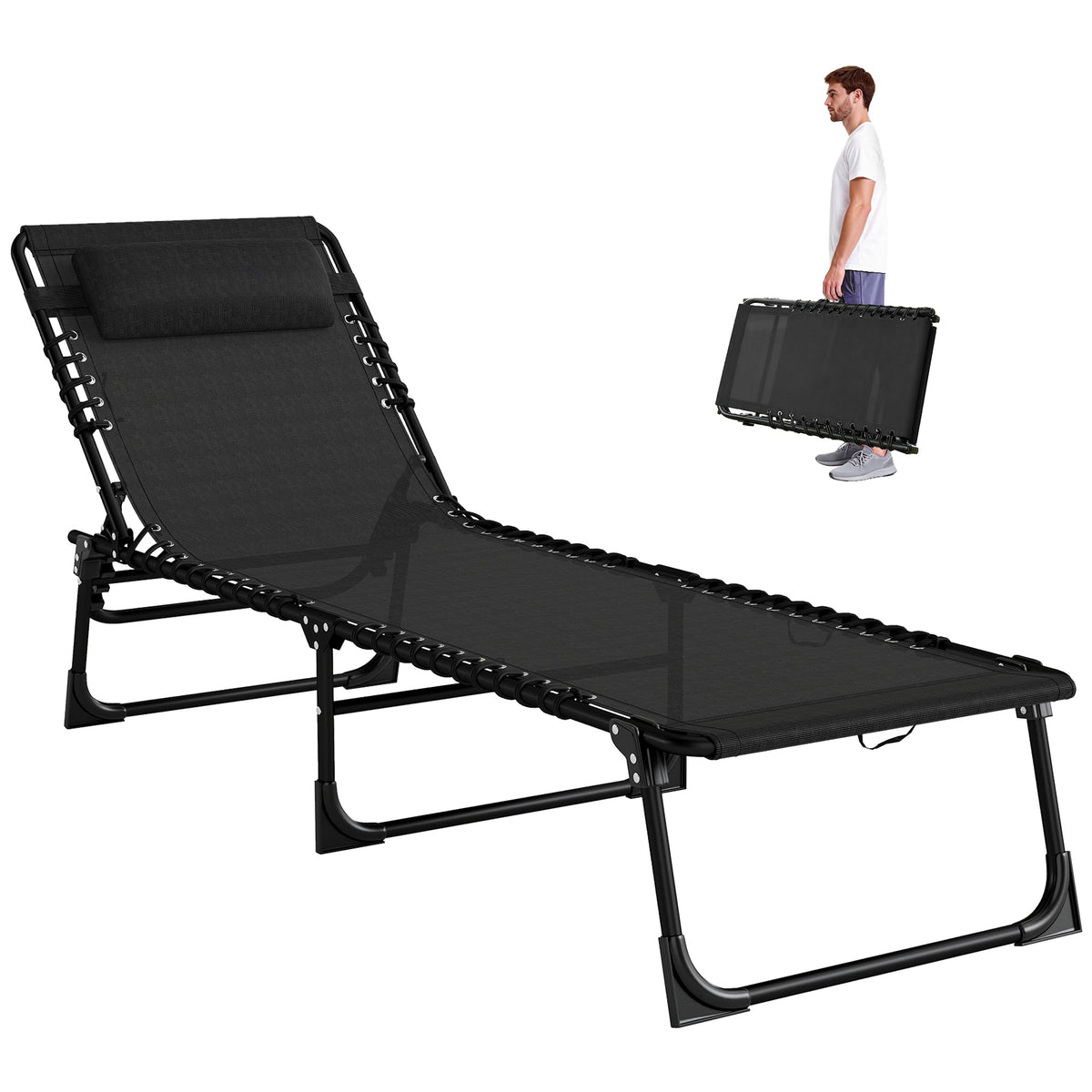 Folding Chaise Lounge Chair with 4-Position Reclining Back & Breathable Mesh Seat, Black