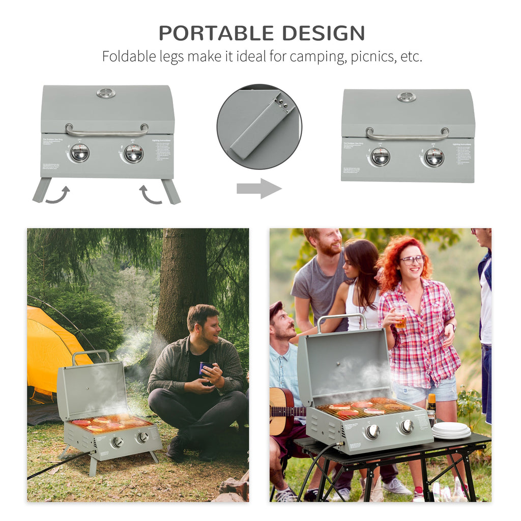 2 Burner Portable Propane Gas Grill with Foldable Legs, Silver