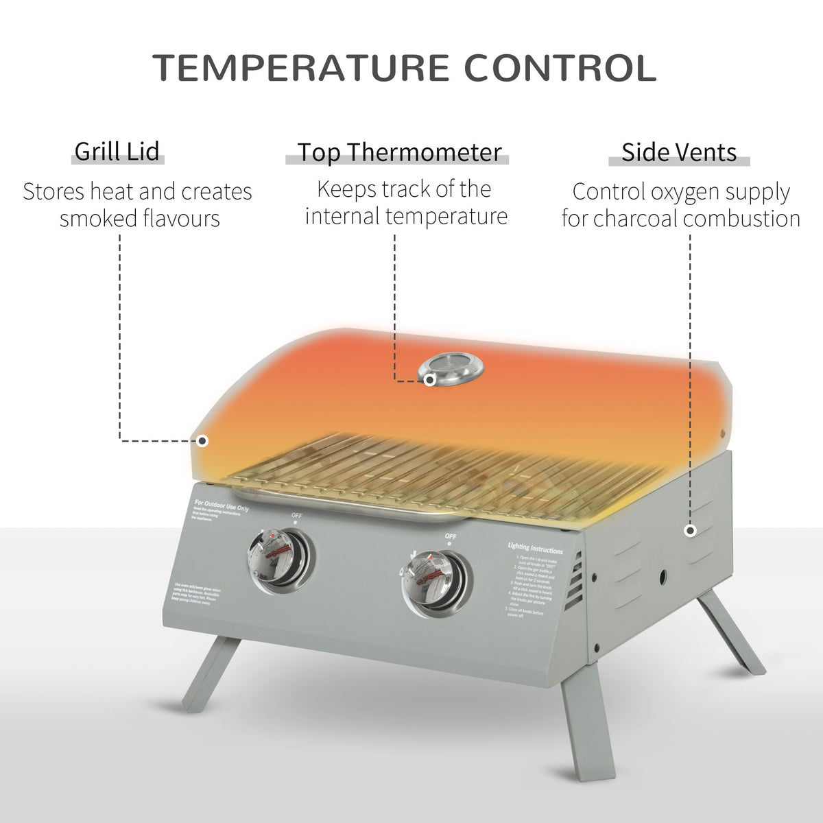 2 Burner Portable Propane Gas Grill with Foldable Legs, Silver