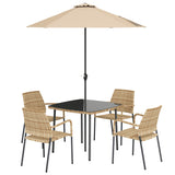 4-Seater Light Brown Rattan Dining Set with Parasol, Glass Top & Stacking Chairs