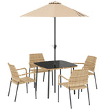 4-Seater Light Brown Rattan Dining Set with Parasol, Glass Top & Stacking Chairs