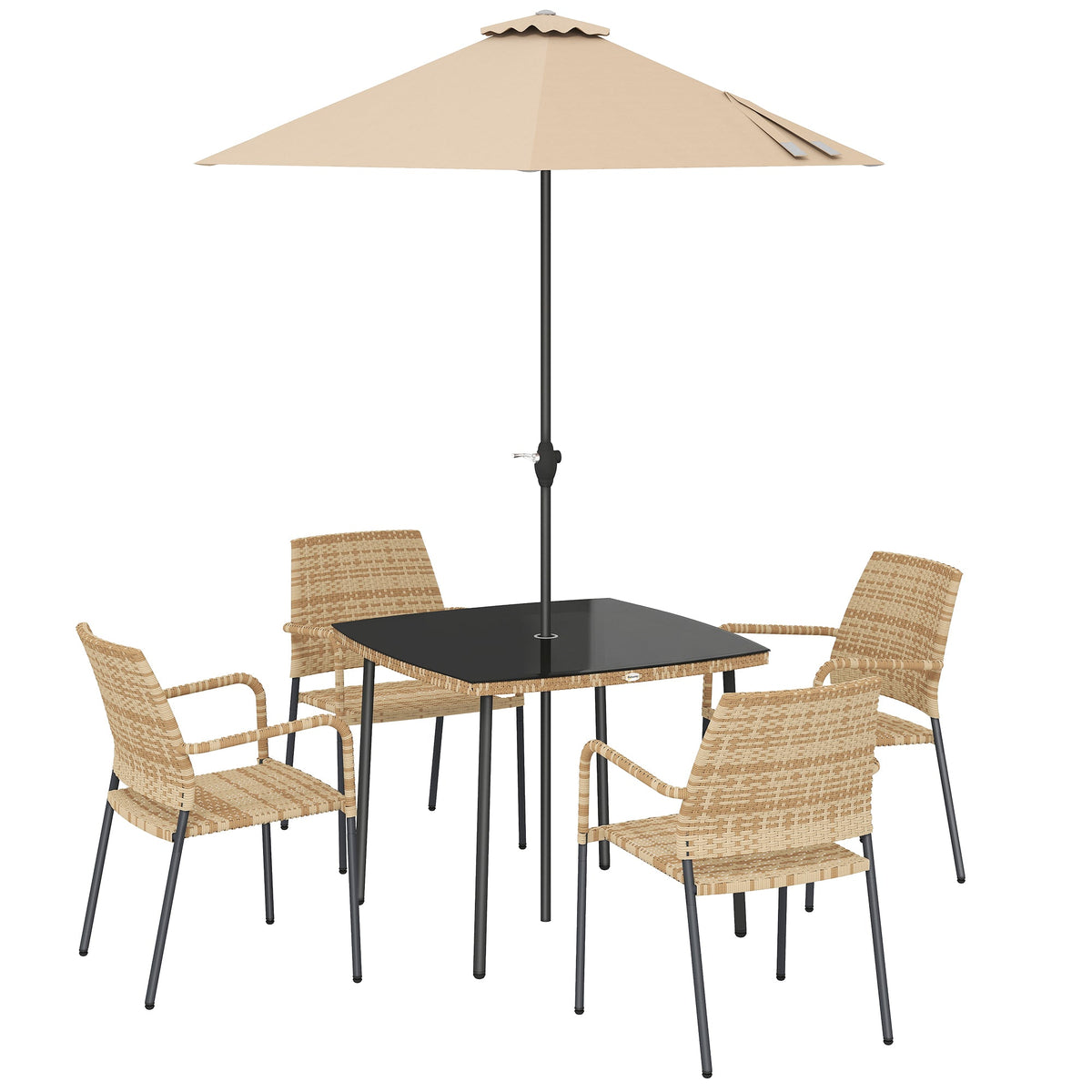 4-Seater Light Brown Rattan Dining Set with Parasol, Glass Top & Stacking Chairs