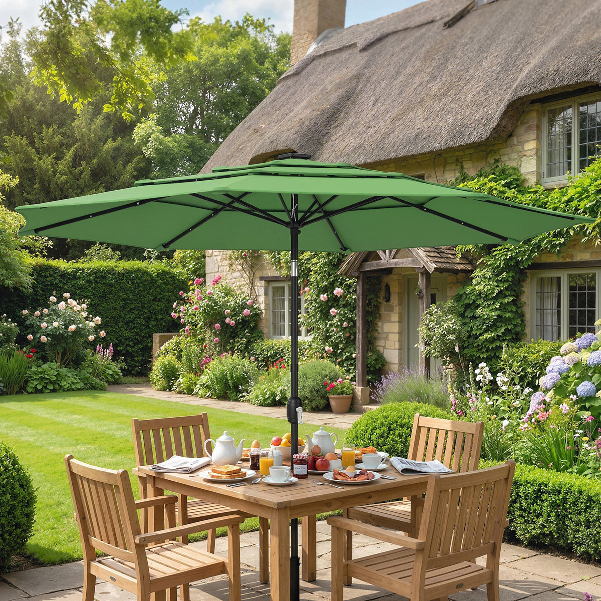 3 m Garden Parasol with 3-Tier Roof, Crank Handle & Tilt, Green