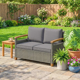 2-Seater Rattan Loveseat with Thick Cushions & Acacia Armrests, Dark Grey