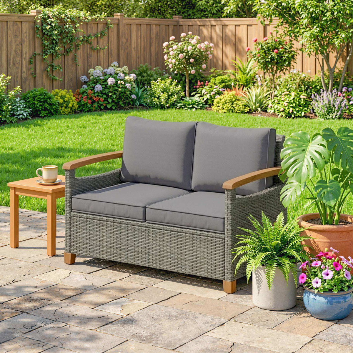 2-Seater Rattan Loveseat with Thick Cushions & Acacia Armrests, Dark Grey