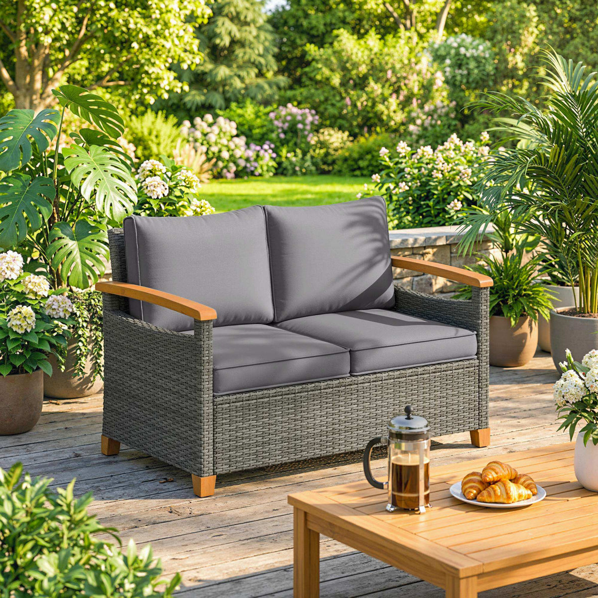 2-Seater Rattan Loveseat with Thick Cushions & Acacia Armrests, Dark Grey