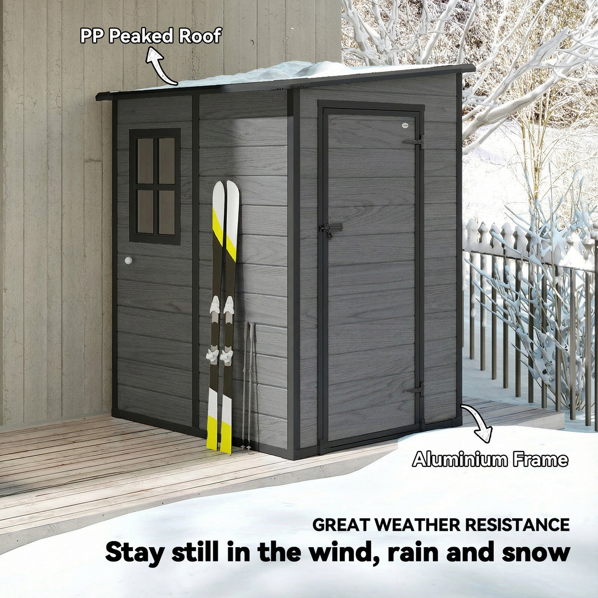 4 x 5FT Plastic Lean-to Garden Shed with Floor, Wood-Effect