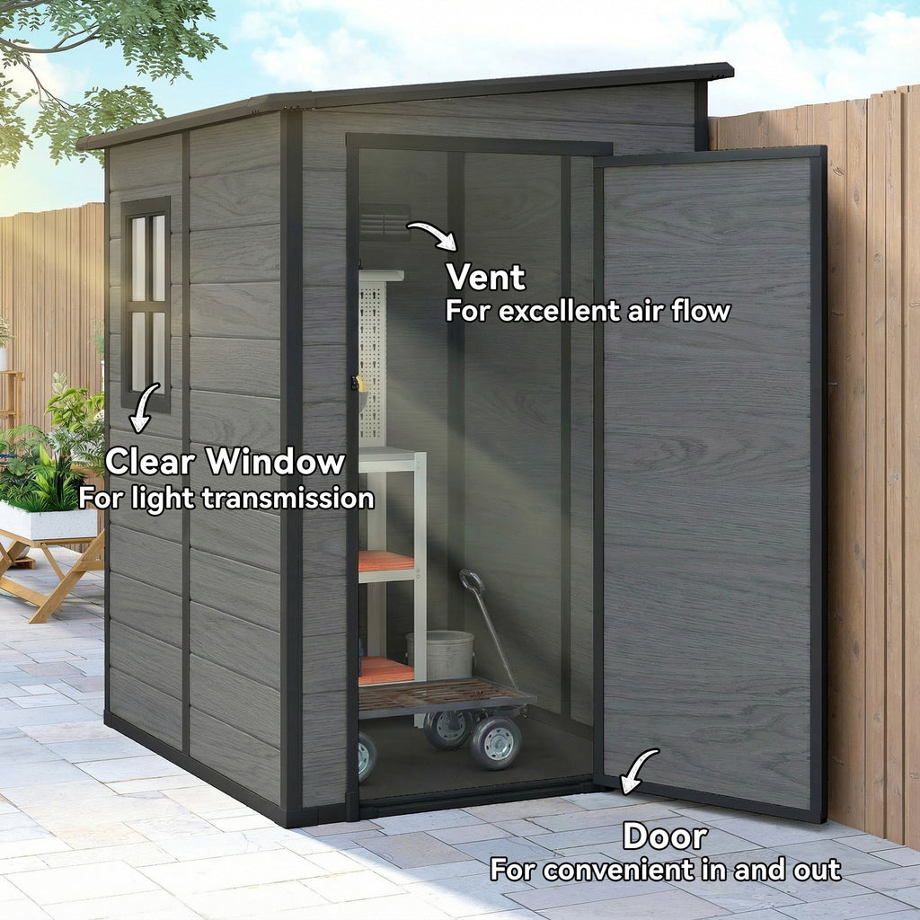 4 x 5FT Plastic Lean-to Garden Shed with Floor, Wood-Effect