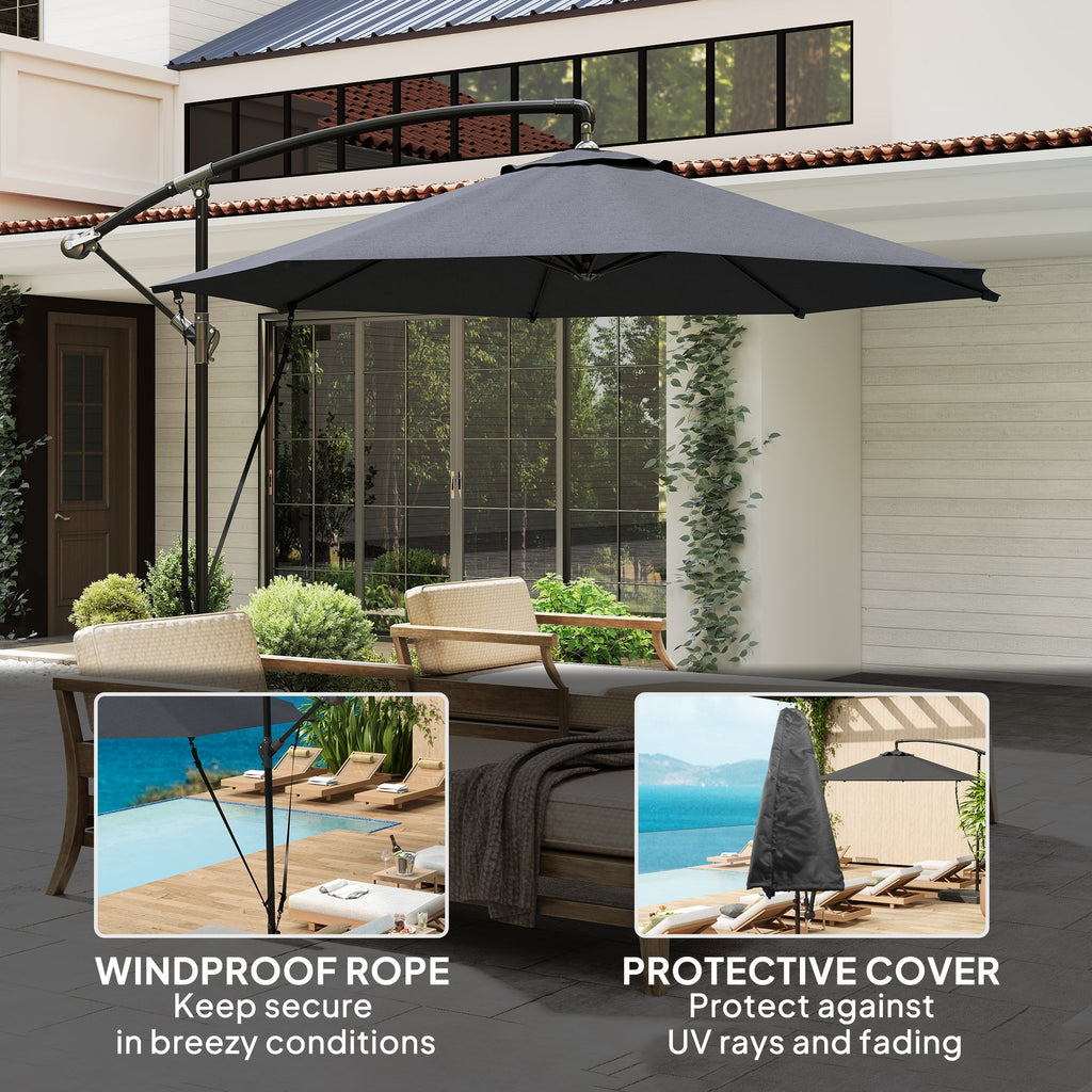 9.5FT Cantilever Patio Umbrella with Cover, 360° Rotation and Cross Base, Grey