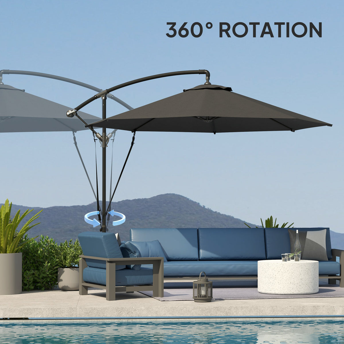 9.5FT Cantilever Patio Umbrella with Cover, 360° Rotation and Cross Base, Grey