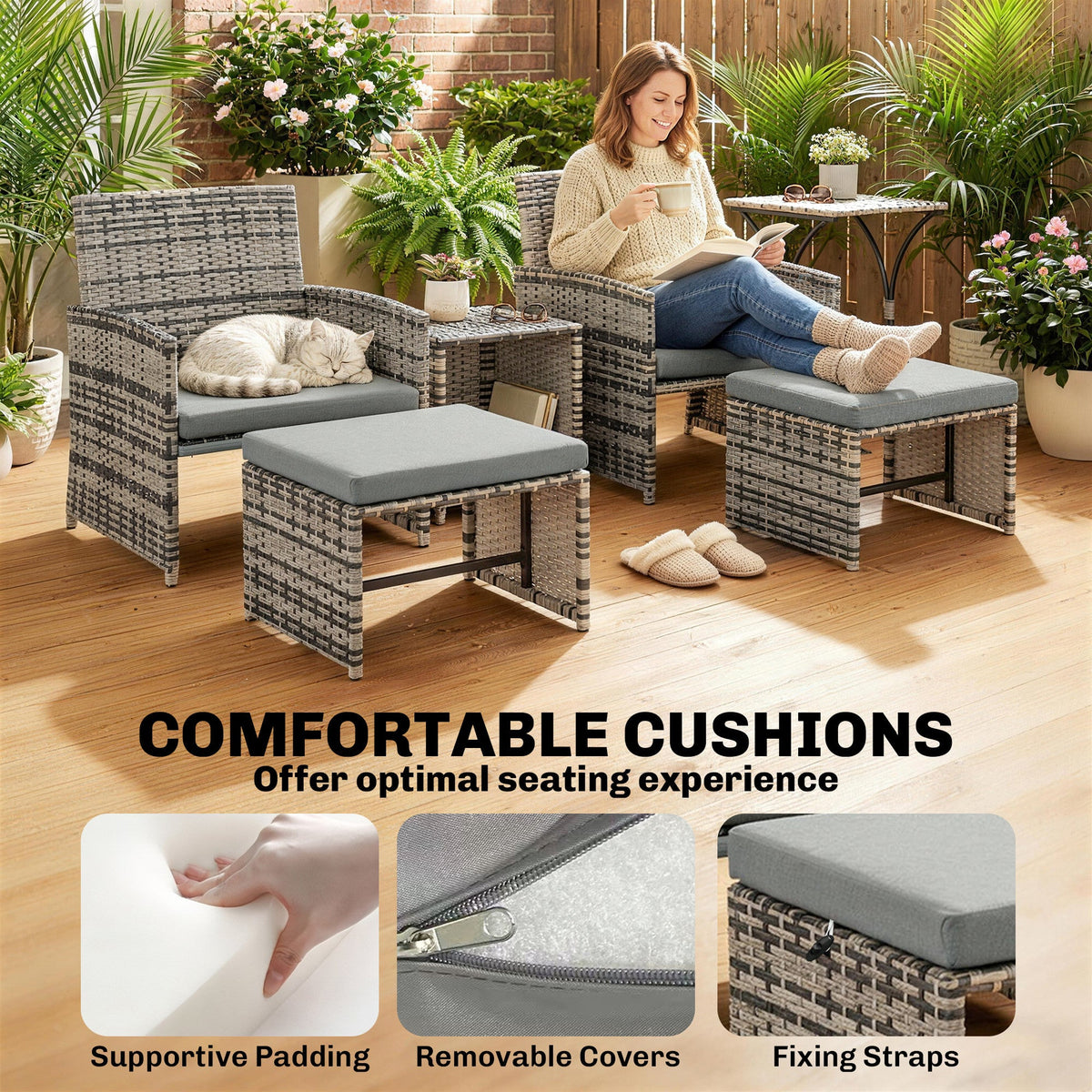 6 Piece Rattan Garden Furniture Set with 2 Nesting Tables, Grey