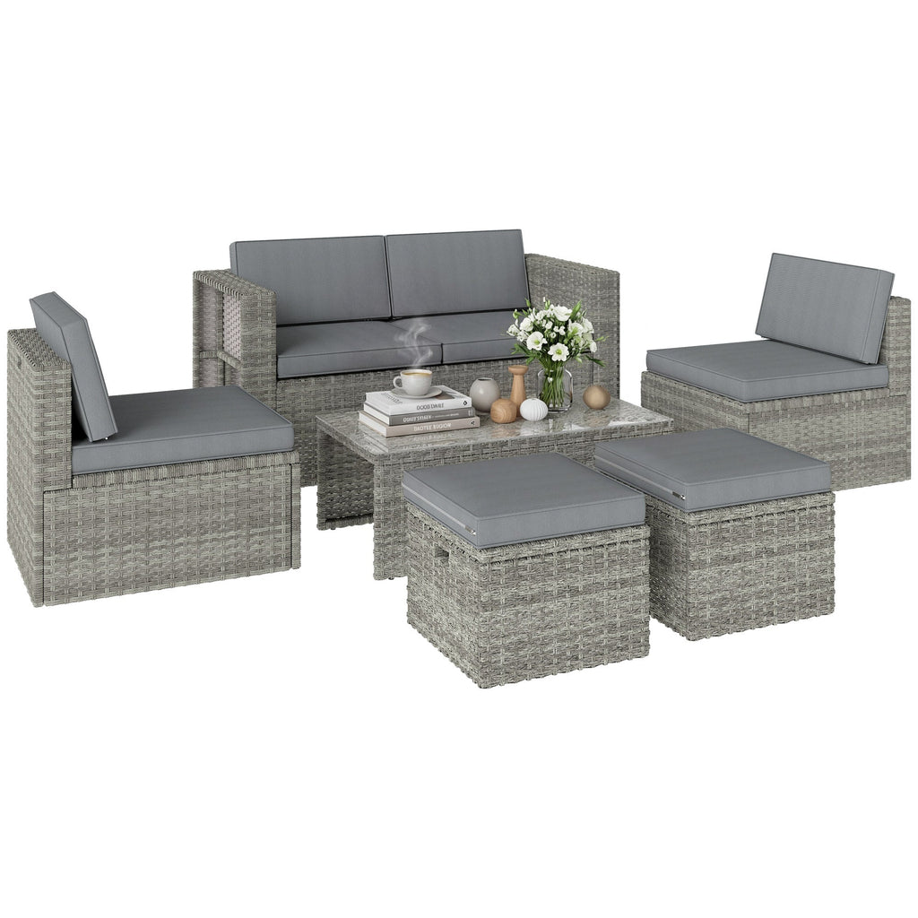 6 Piece Rattan Nesting Patio Set with Loveseat and Footstools, Dark Grey