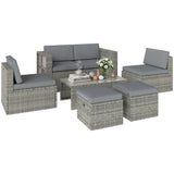 6 Piece Rattan Nesting Patio Set with Loveseat and Footstools, Dark Grey