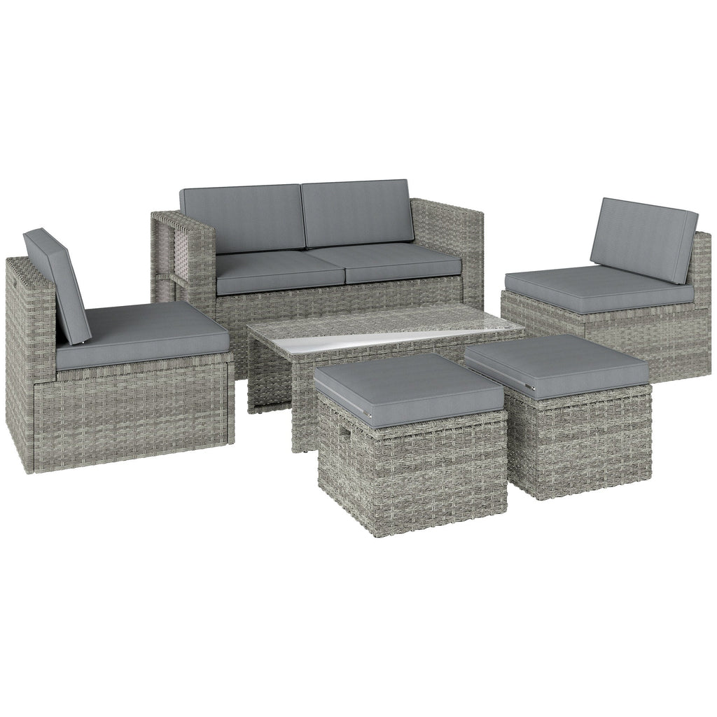 6 Piece Rattan Nesting Patio Set with Loveseat and Footstools, Dark Grey