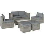 6 Piece Rattan Nesting Patio Set with Loveseat and Footstools, Dark Grey