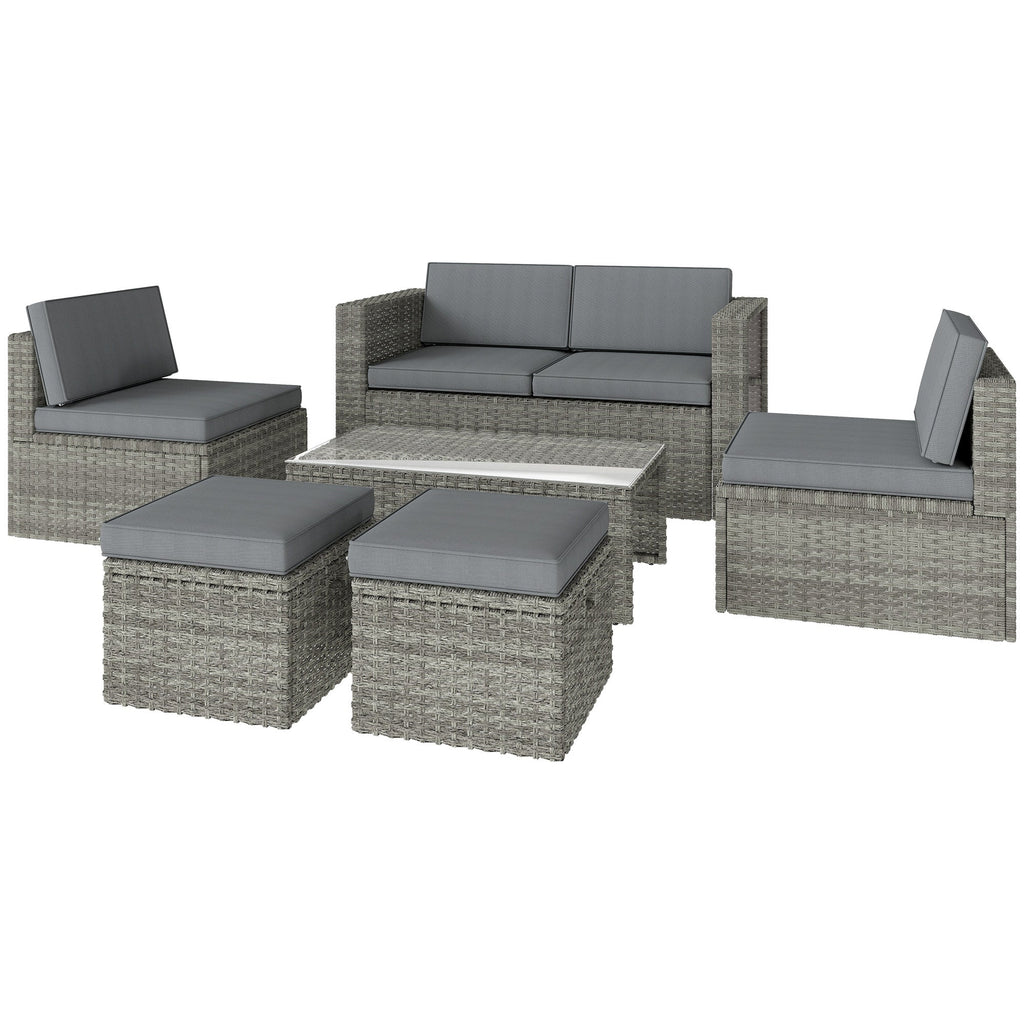 6 Piece Rattan Nesting Patio Set with Loveseat and Footstools, Dark Grey