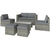 6 Piece Rattan Nesting Patio Set with Loveseat and Footstools, Dark Grey