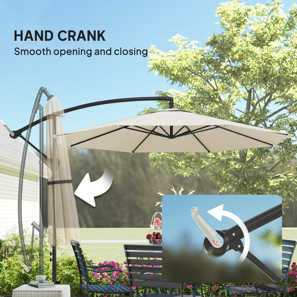 3 m Banana Parasol with Crank Handle, 8 Ribs & Cross Base, Cream White