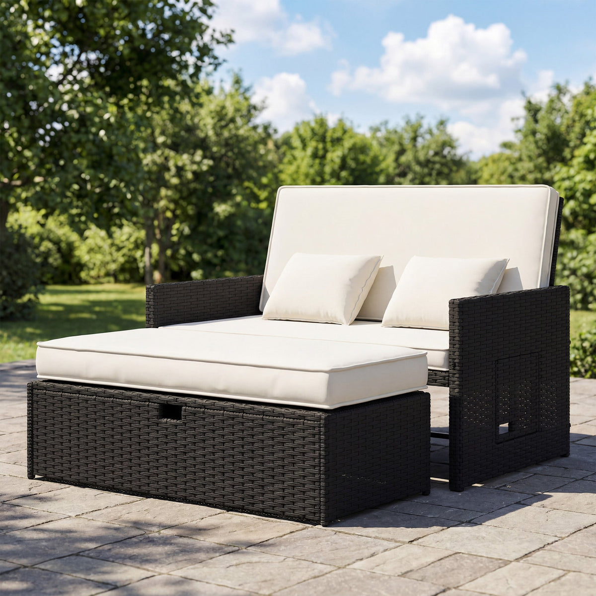 Rattan Garden Daybed with Ottoman, Retractable Trays & Cushions, Cream White