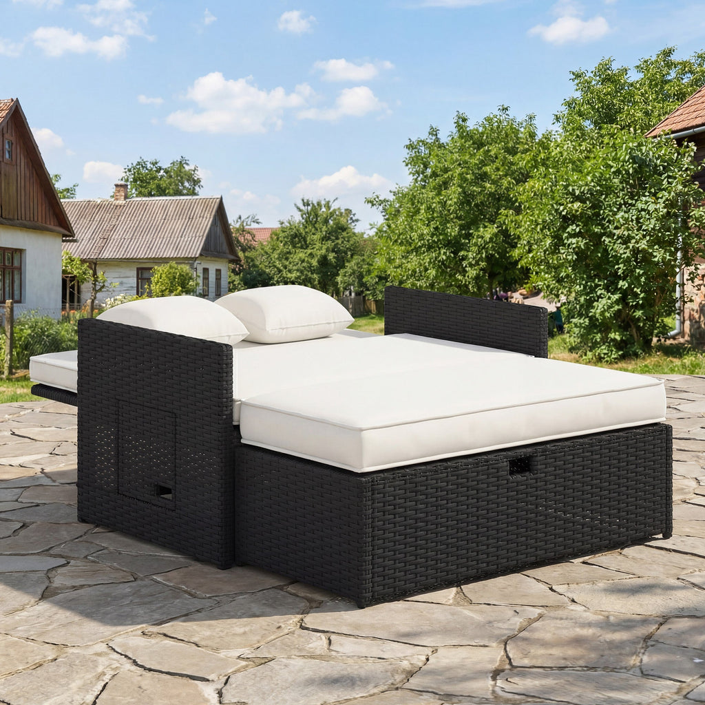 Rattan Garden Daybed with Ottoman, Retractable Trays & Cushions, Cream White