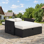 Rattan Garden Daybed with Ottoman, Retractable Trays & Cushions, Cream White