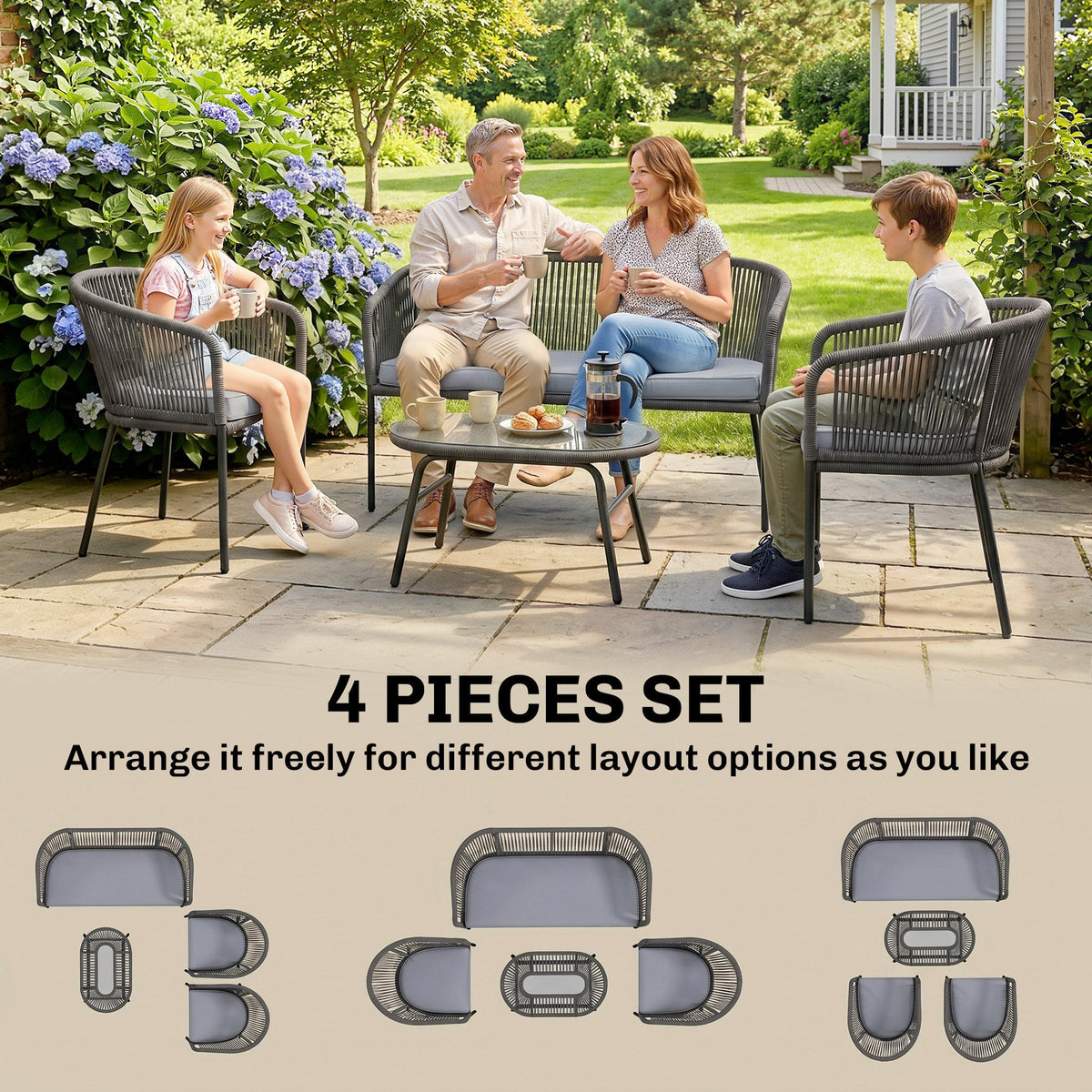 ARVOYA 4-Piece Rope Sofa Set with Loveseat, 2 Chairs & Tempered Glass Table, Dark Grey