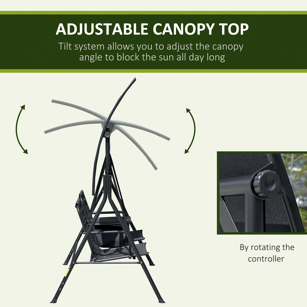 2 Person Porch Swing with Pivot Table, Cup Holder and Canopy, Black