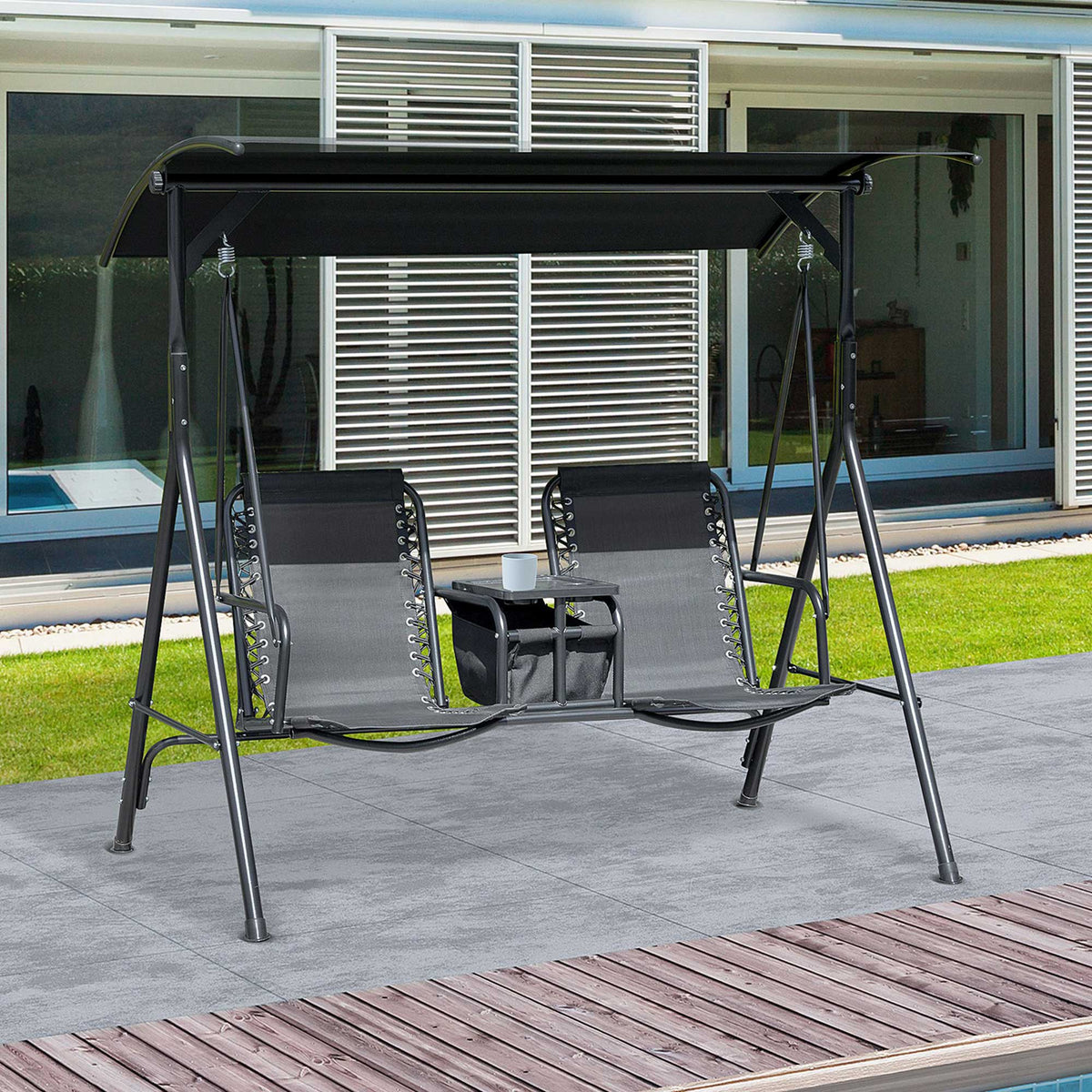 2 Person Porch Swing with Pivot Table, Cup Holder and Canopy, Black