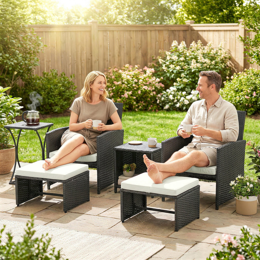 6 Piece Rattan Garden Furniture Set with 2 Nesting Tables, Black