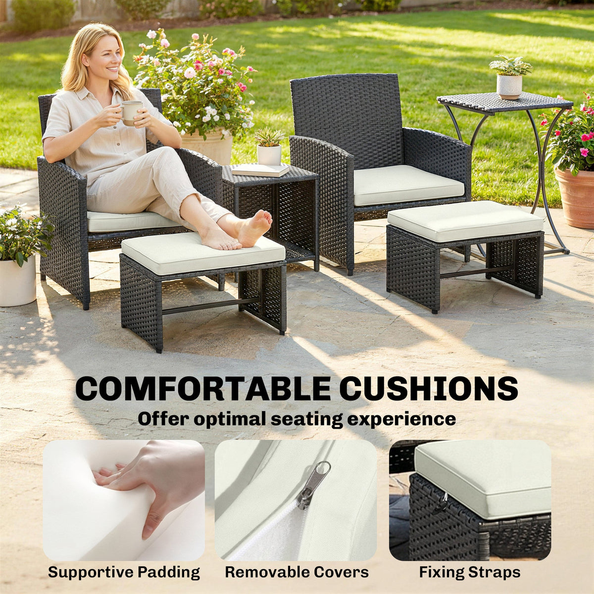 6 Piece Rattan Garden Furniture Set with 2 Nesting Tables, Black